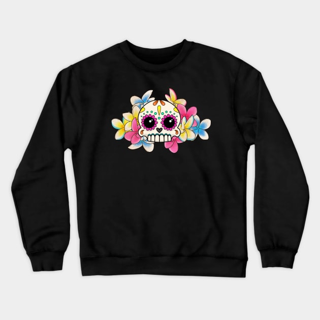 Calavera con Flores - Sugar Skull with Frangipani Flowers Crewneck Sweatshirt by prettyinink